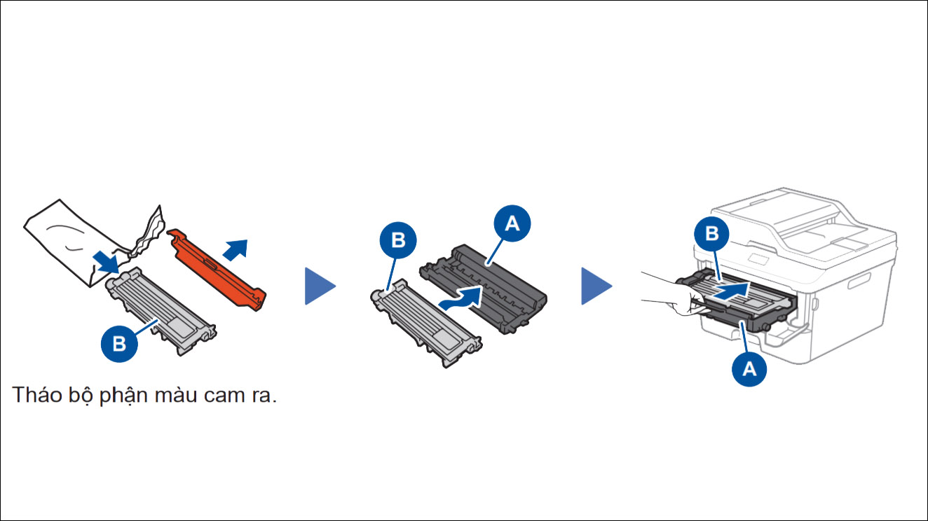 Gỡ vật liệu đóng gói ra và lắp hộp mực vào